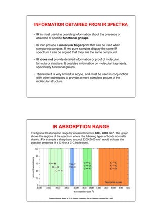 9
INFORMATION OBTAINED FROM IR SPECTRA
• IR is most useful in providing information about the presence or
absence of specific functional groups.
• IR can provide a molecular fingerprint that can be used when
comparing samples. If two pure samples display the same IR
spectrum it can be argued that they are the same compound.
• IR does not provide detailed information or proof of molecular
formula or structure. It provides information on molecular fragments,
specifically functional groups.
• Therefore it is very limited in scope, and must be used in conjunction
with other techniques to provide a more complete picture of the
molecular structure.
IR ABSORPTION RANGE
The typical IR absorption range for covalent bonds is 600 - 4000 cm-1. The graph
shows the regions of the spectrum where the following types of bonds normally
absorb. For example a sharp band around 2200-2400 cm-1 would indicate the
possible presence of a C-N or a C-C triple bond.
Graphics source: Wade, Jr., L.G. Organic Chemistry, 5th ed. Pearson Education Inc., 2003
 
