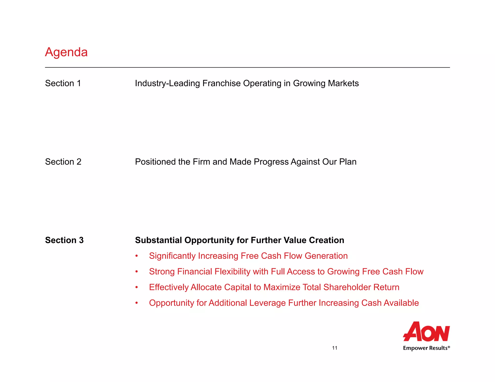 11
Agenda
Section 1 Industry-Leading Franchise Operating in Growing Markets
• Agenda bullet
• Agenda bullet
• Agenda bullet
Section 2 Positioned the Firm and Made Progress Against Our Plan
• Agenda bullet
• Agenda bulletAnda bullet
Section 3 Substantial Opportunity for Further Value Creation
• Significantly Increasing Free Cash Flow Generation
• Strong Financial Flexibility with Full Access to Growing Free Cash Flow
• Effectively Allocate Capital to Maximize Total Shareholder Return
• Opportunity for Additional Leverage Further Increasing Cash Available
 