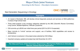 2014 Cancer Genetics, Inc. | NASDAQ: CGIX | 24
Mayo Clinic Joint Venture
Investing in the Future – OncoSpire Genomics
The Value and Focus of Next Generation Sequencing is Moving from Platforms to Clinically
Relevant, Disease-Specific Applications
Highlights
 JV, based in Rochester, MN, will develop clinical diagnostic products and services on NGS platform(s)
in areas of high clinical need
 Three initial projects in key oncology categories selected by the SRC (Scientific Review Committee):
Lung Cancer, Multiple Myeloma, Follicular Lymphoma
 CGI commits up to $6 M over initial three year period (2013 to 2015-16 expected)
 Mayo commits to “in-kind” services and support, use of facilities, NGS capabilities and access to
biorepository
 Joint Venture is exclusive in the project areas selected by CGI & Mayo
 Important company update and analyst day held November 22, 2013
Next Generation Sequencing in Oncology
 
