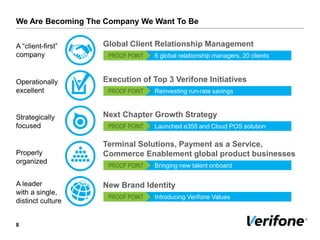 We Are Becoming The Company We Want To Be
8
A “client-first”
company
Operationally
excellent
Strategically
focused
Properly
organized
A leader
with a single,
distinct culture
6 global relationship managers, 20 clientsPROOF POINT
Global Client Relationship Management
Execution of Top 3 Verifone Initiatives
Next Chapter Growth Strategy
Terminal Solutions, Payment as a Service,
Commerce Enablement global product businesses
New Brand Identity
Reinvesting run-rate savingsPROOF POINT
Launched e355 and Cloud POS solutionPROOF POINT
Bringing new talent onboardPROOF POINT
Introducing Verifone ValuesPROOF POINT
 