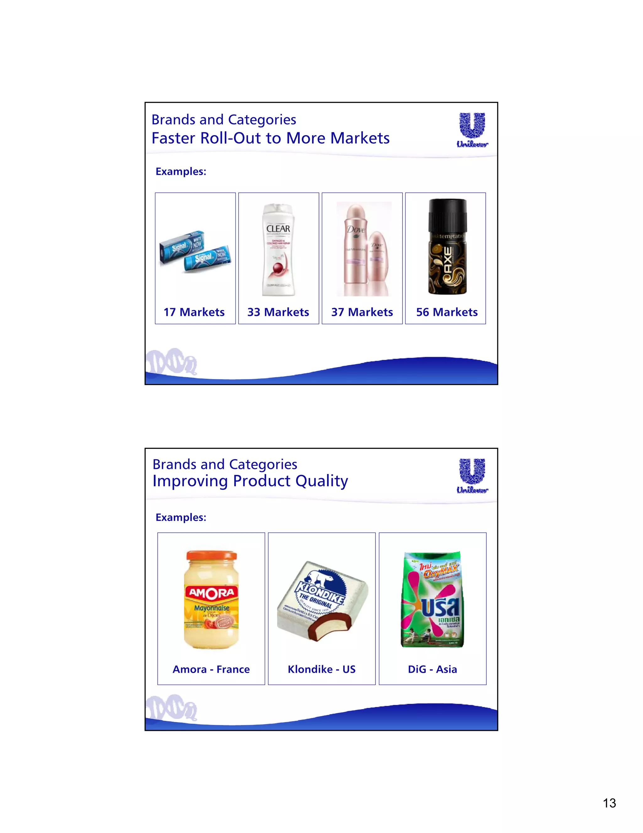 Brands and Categories
Faster Roll-Out to More Markets
Examples:




 17 Markets      33 Markets    37 Markets    56 Markets




Brands and Categories
Improving Product Quality

Examples:



            Brands




   Amora - France      Klondike - US        DiG - Asia




                                                          13
 