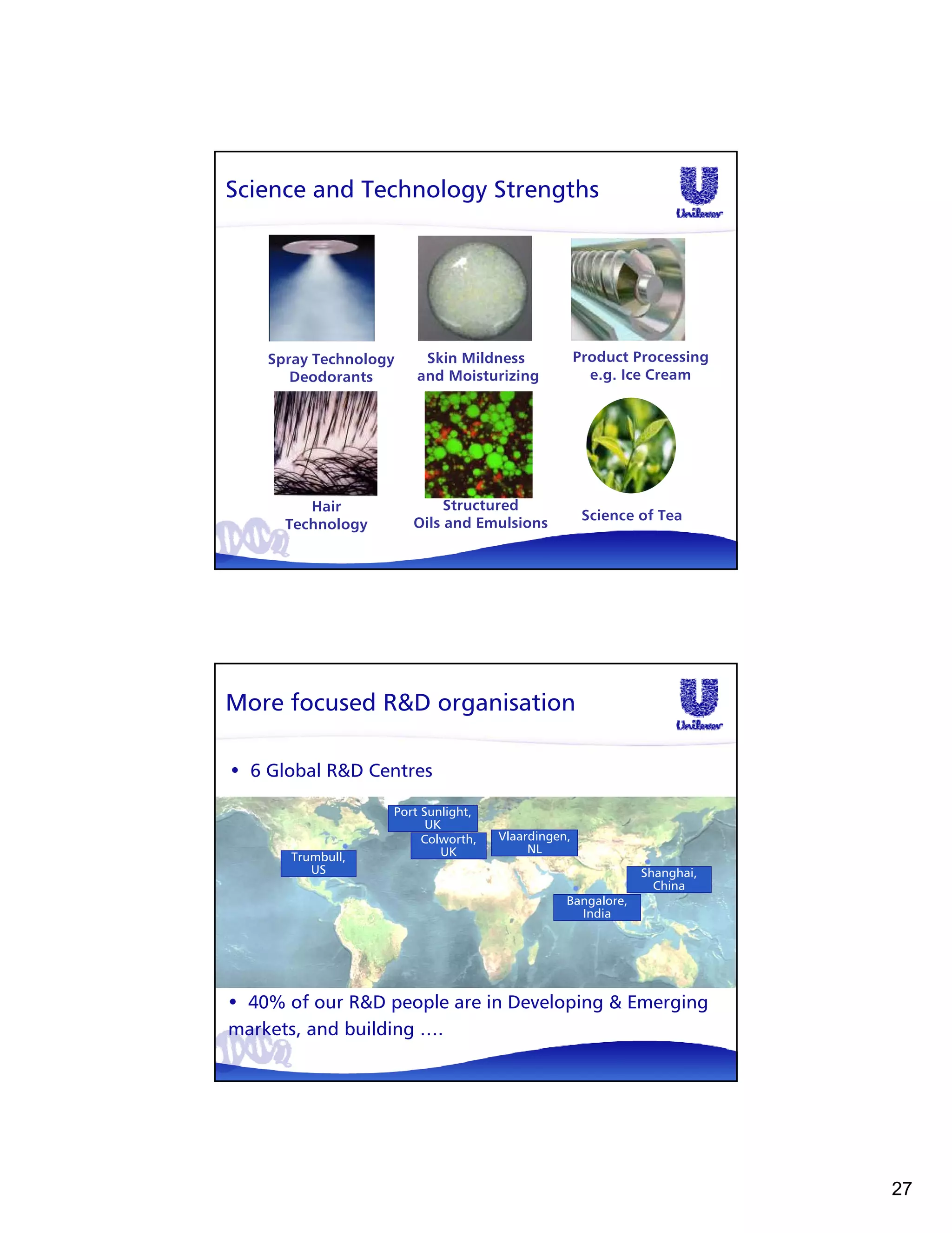 Science and Technology Strengths




    Spray Technology    Skin Mildness              Product Processing
       Deodorants      and Moisturizing              e.g. Ice Cream




         Hair               Structured
                                                    Science of Tea
      Technology       Oils and Emulsions




More focused R&D organisation

• 6 Global R&D Centres

                   Port Sunlight,
                         UK
                        Colworth,   Vlaardingen,
                           UK            NL
      Trumbull,
         US                                                 Shanghai,
                                                              China
                                               Bangalore,
                                                 India




• 40% of our R&D people are in Developing & Emerging
markets, and building ….




                                                                        27
 