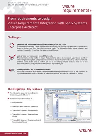 INTEGRATION SHEET
   SPARX Systems ENTERPRISE ARCHITECT




   From requirements to design
   Visure Requirements Integration with Sparx Systems
   Enterprise Architect

   Challenges

               Need to track appliances in the different phases of the life cycle.
               The integration between Visure Requirements and Enterprise Architect allows to track requirements
               down to design, and from there to the source code. The integration helps users establish and
               maintain traceability throughout the requirements lifecycle.


               Lack of clear and transparent traceability reports.
               The information meta model in Visure Requirements allows to represent Use Cases and their
               relationships coming from Enterprise Architect inside Visure Requirements, along with requirements
               and test cases, to be able to perform an end-to-end change impact analysis. This end-to-end
               traceability allows users perform reliable change impact analysis.


               The requirements are expressed only as text.
               Visure Requirements provides the capability to express requirements not only as text, but also as
               high level use cases, which can then be taken to Enterprise Architect as the basis for design.




   The integration - Key Features
     The integration supports Sparx Systems
     Enterprise Architect 8 and 9.

     Bidirectional synchronization of:

        Requirements

        Services/Use Cases and Scenarios

        Traceability between Requirements

        Traceability between Services/Uses
        Cases

        Traceability between Requirements and
        Services/Use Cases




www.visuresolutions.com
 