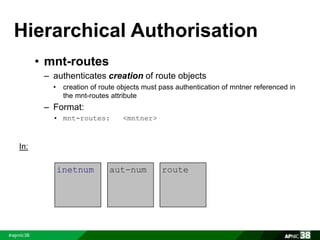 Hierarchical Authorisation 
• mnt-routes 
– authenticates creation of route objects 
• creation of route objects must pass authentication of mntner referenced in 
the mnt-routes attribute 
– Format: 
• mnt-routes: <mntner> 
In: 
inetnum aut-num route 
 