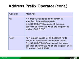 Address Prefix Operator (cont.) 
Operator Meanings 
^n n = integer, stands for all the length “n” 
specifics of the address prefix: 
E.g. 30.0.0.0/8^16 contains all the more 
specifics of 30.0.0.0/8 which are length of 16 
such as 30.9.0.0/16 
^n-m m = integer, stands for all the length “n” to 
length “m” specifics of the address prefix: 
E.g. 30.0.0.0/8^24-32 contains all the more 
specifics of 30.0.0.0/8 which are length of 24 to 
32 such as 30.9.9.96/28 
 