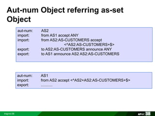 Aut-num Object referring as-set 
Object 
aut-num: AS2 
import: from AS1 accept ANY 
import: from AS2:AS-CUSTOMERS accept 
<^AS2:AS-CUSTOMERS+$> 
export: to AS2:AS-CUSTOMERS announce ANY 
export: to AS1 announce AS2 AS2:AS-CUSTOMERS 
aut-num: AS1 
import: from AS2 accept <^AS2+AS2:AS-CUSTOMERS+$> 
export: ……… 
 