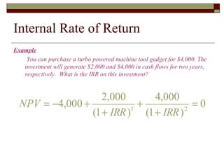 Internal Rate of Return
Example
    You can purchase a turbo powered machine tool gadget for $4,000. The
   investment will generate $2,000 and $4,000 in cash flows for two years,
   respectively. What is the IRR on this investment?


                    2,000      4,000
  NPV = −4,000 +             +           =0
                 (1 + IRR ) (1 + IRR )
                           1           2
 