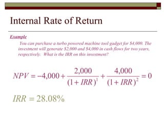 Internal Rate of Return
Example
    You can purchase a turbo powered machine tool gadget for $4,000. The
   investment will generate $2,000 and $4,000 in cash flows for two years,
   respectively. What is the IRR on this investment?


                   2,000      4,000
 NPV = −4,000 +             +           =0
                (1 + IRR ) (1 + IRR )
                          1           2



 IRR = 28.08%
 