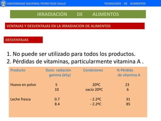  ¿LOS PRODUCTOS IRRADIADOS DEBERÍAN TENER UNA ETIQUETA IDENTIFICATIVA?UNIVERSIDAD NACIONAL PEDRO RUIZ GALLO                                                       TECNOLOGÍA    DE    ALIMENTOSIRRADIACIÓN        DE        ALIMENTOS¿IRRADIACIÓN Y/O IONIZACIÓN? Irradiar, es la exposición de un objeto frente a una    fuente emisora de energía.