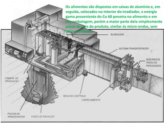 Os alimentos são dispostos em caixas de alumínio e, em
seguida, colocados no interior do irradiador, a energia
gama proveniente do Co 60 penetra no alimento e em
sua embalagem, porém a maior parte dela simplesmente
passa através do produto, similar ás micro-ondas, sem
deixar resíduos.
 