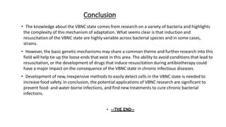 Conclusion
• The knowledge about the VBNC state comes from research on a variety of bacteria and highlights
the complexity of this mechanism of adaptation. What seems clear is that induction and
resuscitation of the VBNC state are highly variable across bacterial species and in some cases,
strains.
• However, the basic genetic mechanisms may share a common theme and further research into this
field will help tie up the loose ends that exist in this area. The ability to avoid conditions that lead to
resuscitation, or the development of drugs that induce resuscitation during antibiotherapy could
have a major impact on the consequence of the VBNC state in chronic infectious diseases.
• Development of new, inexpensive methods to easily detect cells in the VBNC state is needed to
increase food safety. In conclusion, the potential applications of VBNC research are significant to
prevent food- and water-borne infections, and find new treatments to cure chronic bacterial
infections.
• --THE END--
 