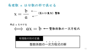 有理数 x は分数の形で表せる
（互いに素な）整数
有理数の別の定義
整数係数の一次方程式の解
・・・・・
12
x =
b
a
整数係数の一次方程式
両辺 a をかける
() ax = b
 