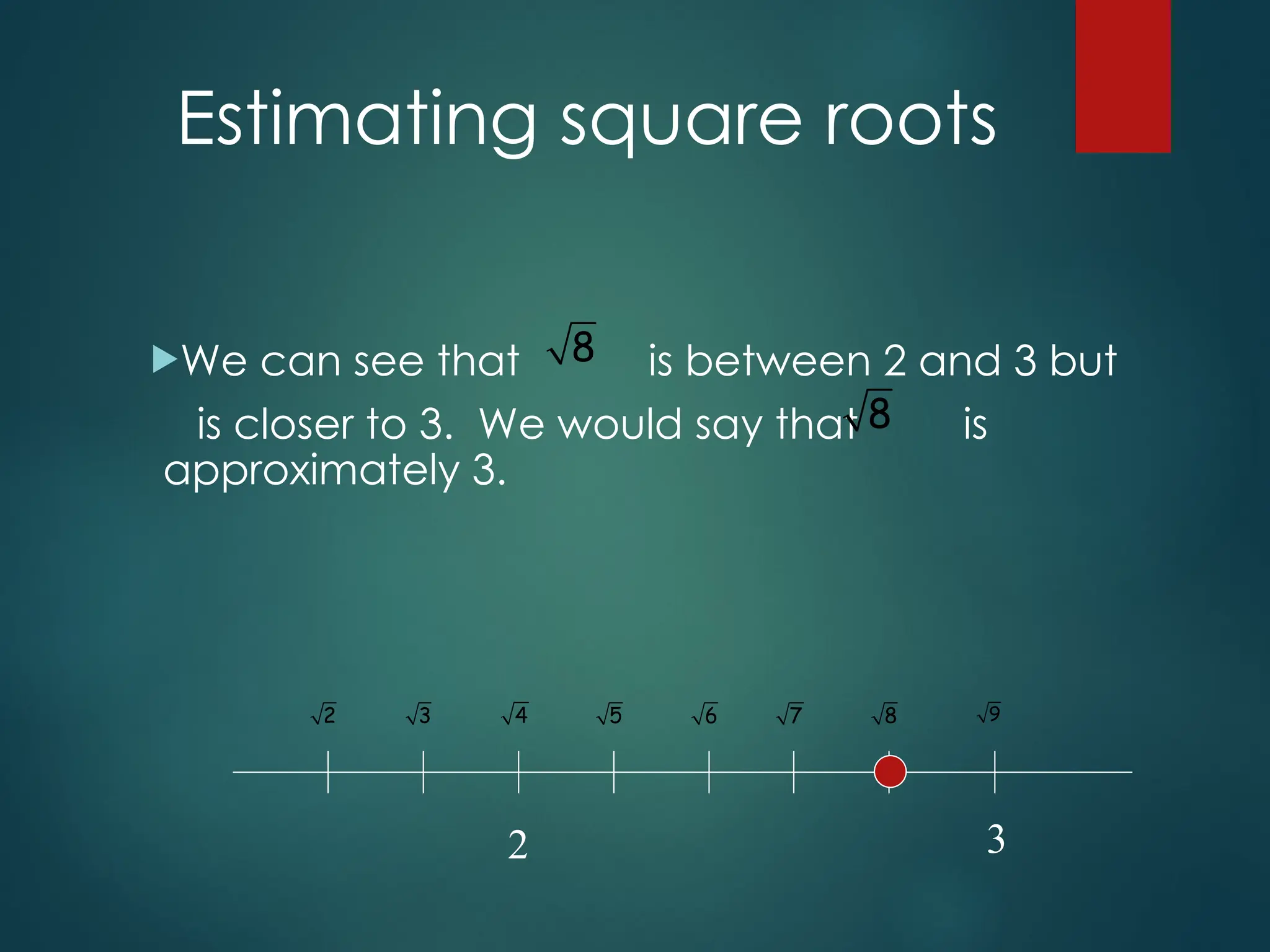 Estimating square roots
We can see that is between 2 and 3 but
is closer to 3. We would say that is
approximately 3.
4 5 9
6 7 8
3
2
2 3
8
8
 