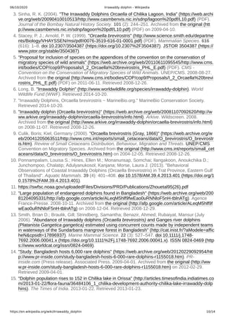 06/10/2020 Irrawaddy dolphin - Wikipedia
https://en.wikipedia.org/wiki/Irrawaddy_dolphin 10/14
3. Sinha, R. K. (2004). "The Irrawaddy Dolphins Orcaella of Chilika Lagoon, India" (https://web.archi
ve.org/web/20090410010513/http://www.casmbenvis.nic.in/sdnp/lagoon%20pdf/L10.pdf) (PDF).
Journal of the Bombay Natural History Society. 101 (2): 244–251. Archived from the original (htt
p://www.casmbenvis.nic.in/sdnp/lagoon%20pdf/L10.pdf) (PDF) on 2009-04-10.
4. Stacey, P. J.; Arnold, P. W. (1999). "Orcaella brevirostris" (http://www.science.smith.edu/departme
nts/Biology/VHAYSSEN/msi/pdf/i0076-3519-616-01-0001.pdf) (PDF). Mammalian Species. 616
(616): 1–8. doi:10.2307/3504387 (https://doi.org/10.2307%2F3504387). JSTOR 3504387 (https://
www.jstor.org/stable/3504387).
5. "Proposal for inclusion of species on the appendices of the convention on the conservation of
migratory species of wild animals" (https://web.archive.org/web/20110611095545/http://www.cms.
int/bodies/COP/cop9/Proposals/I_2_Orcaella%20brevirostris_PHL_E.pdf) (PDF). CMS -
Convention on the Conservation of Migratory Species of Wild Animals. UNEP/CMS. 2008-08-27.
Archived from the original (http://www.cms.int/bodies/COP/cop9/Proposals/I_2_Orcaella%20brevi
rostris_PHL_E.pdf) (PDF) on 2011-06-11. Retrieved 2008-12-26.
6. Long, B. "Irrawaddy Dolphin" (http://www.worldwildlife.org/species/irrawaddy-dolphin). World
Wildlife Fund (WWF). Retrieved 2014-10-20.
7. "Irrawaddy Dolphins, Orcaella brevirostris ~ MarineBio.org." MarineBio Conservation Society.
Retrieved 2014-10-20.
8. "Irrawaddy dolphin (Orcaella brevirostris)" (https://web.archive.org/web/20081107092620/http://w
ww.arkive.org/irrawaddy-dolphin/orcaella-brevirostris/info.html). Arkive. Wildscreen. 2008.
Archived from the original (http://www.arkive.org/irrawaddy-dolphin/orcaella-brevirostris/info.html)
on 2008-11-07. Retrieved 2008-12-26.
9. Culik, Boris; Kiel, Germany (2000). "Orcaella brevirostris (Gray, 1866)" (https://web.archive.org/w
eb/20041205063511/http://www.cms.int/reports/small_cetaceans/data/O_brevirostris/O_brevirostr
is.htm). Review of Small Cetaceans Distribution, Behaviour, Migration and Threats. UNEP/CMS
Convention on Migratory Species. Archived from the original (http://www.cms.int/reports/small_cet
aceans/data/O_brevirostris/O_brevirostris.htm) on 2004-12-05. Retrieved 2008-12-26.
10. Ponnampalam, Louisa S.; Hines, Ellen M.; Monanunsap, Somchai; Ilangakoon, Anoukchika D.;
Junchompoo, Chalatip; Adulyanukosol, Kanjana; Morse, Laura J. (2013). "Behavioral
Observations of Coastal Irrawaddy Dolphins (Orcaella Brevirostris) in Trat Province, Eastern Gulf
of Thailand". Aquatic Mammals. 39 (4): 401–408. doi:10.1578/AM.39.4.2013.401 (https://doi.org/1
0.1578%2FAM.39.4.2013.401).
11. https://swfsc.noaa.gov/uploadedFiles/Divisions/PRD/Publications/Zhouetal95(26).pdf
12. "Large population of endangered dolphins found in Bangladesh" (https://web.archive.org/web/200
81204095331/http://afp.google.com/article/ALeqM5hlf9fwEao0uRNNloF5nH-tblnATg). Agence
France-Presse. 2008-10-11. Archived from the original (http://afp.google.com/article/ALeqM5hlf9f
wEao0uRNNloF5nH-tblnATg) on 2008-12-04. Retrieved 2008-12-29.
13. Smith, Brian D.; Braulik, Gill; Strindberg, Samantha; Benazir, Ahmed; Rubaiyat, Mansur (July
2006). "Abundance of Irrawaddy dolphins (Orcaella brevirostris) and Ganges river dolphins
(Platanista Gangetica gangetica) estimated using concurrent counts made by independent teams
in waterways of the Sundarbans mangrove forest in Bangladesh" (http://cat.inist.fr/?aModele=affic
heN&cpsidt=17896937). Marine Mammal Science. 22 (3): 527–547. doi:10.1111/j.1748-
7692.2006.00041.x (https://doi.org/10.1111%2Fj.1748-7692.2006.00041.x). ISSN 0824-0469 (http
s://www.worldcat.org/issn/0824-0469).
14. "Study: Bangladesh hosts 6,000 rare dolphins" (https://web.archive.org/web/20120229092954/htt
p://www.pr-inside.com/study-bangladesh-hosts-6-000-rare-dolphins-r1155018.htm). PR-
Inside.com (Press release). Associated Press. 2009-04-01. Archived from the original (http://ww
w.pr-inside.com/study-bangladesh-hosts-6-000-rare-dolphins-r1155018.htm) on 2012-02-29.
Retrieved 2009-04-01.
15. "Dolphin population rises to 152 in Chilika lake in Orissa" (http://articles.timesofindia.indiatimes.co
m/2013-01-22/flora-fauna/36484106_1_chilika-development-authority-chilika-lake-irrawaddy-dolp
hins). The Times of India. 2013-01-22. Retrieved 2013-01-23.
 
