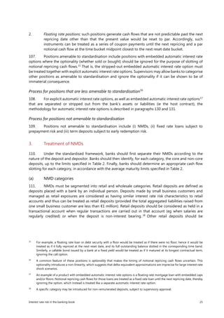 Interest rate risk in the banking book 25
2. Floating rate positions: such positions generate cash flows that are not predictable past the next
repricing date other than that the present value would be reset to par. Accordingly, such
instruments can be treated as a series of coupon payments until the next repricing and a par
notional cash flow at the time bucket midpoint closest to the next reset date bucket.
107. Positions amenable to standardisation include positions with embedded automatic interest rate
options where the optionality (whether sold or bought) should be ignored for the purpose of slotting of
notional repricing cash flows.15
That is, the stripped-out embedded automatic interest rate option must
be treated together with explicit automatic interest rate options. Supervisors may allow banks to categorise
other positions as amenable to standardisation and ignore the optionality if it can be shown to be of
immaterial consequence.
Process for positions that are less amenable to standardisation16
108. For explicit automatic interest rate options, as well as embedded automatic interest rate options17
that are separated or stripped out from the bank’s assets or liabilities (ie the host contract), the
methodology for automatic interest rate options is described in paragraphs 130 and 131.
Process for positions not amenable to standardisation
109. Positions not amenable to standardisation include (i) NMDs, (ii) fixed rate loans subject to
prepayment risk and (iii) term deposits subject to early redemption risk.
3. Treatment of NMDs
110. Under the standardised framework, banks should first separate their NMDs according to the
nature of the deposit and depositor. Banks should then identify, for each category, the core and non-core
deposits, up to the limits specified in Table 2. Finally, banks should determine an appropriate cash flow
slotting for each category, in accordance with the average maturity limits specified in Table 2.
(a) NMD categories
111. NMDs must be segmented into retail and wholesale categories. Retail deposits are defined as
deposits placed with a bank by an individual person. Deposits made by small business customers and
managed as retail exposures are considered as having similar interest rate risk characteristics to retail
accounts and thus can be treated as retail deposits (provided the total aggregated liabilities raised from
one small business customer are less than €1 million). Retail deposits should be considered as held in a
transactional account when regular transactions are carried out in that account (eg when salaries are
regularly credited) or when the deposit is non-interest bearing. 18
Other retail deposits should be
15
For example, a floating rate loan or debt security with a floor would be treated as if there were no floor; hence it would be
treated as if it fully repriced at the next reset date, and its full outstanding balance slotted in the corresponding time band.
Similarly, a callable bond issued by a bank at a fixed yield would be treated as if it matured at its longest contractual term,
ignoring the call option.
16
A common feature of these positions is optionality that makes the timing of notional repricing cash flows uncertain. This
optionality introduces a non-linearity, which suggests that delta-equivalent approximations are imprecise for large interest rate
shock scenarios.
17
An example of a product with embedded automatic interest rate options is a floating rate mortgage loan with embedded caps
and/or floors. Notional repricing cash flows for those loans are treated as a fixed rate loan until the next repricing date, thereby
ignoring the option, which instead is treated like a separate automatic interest rate option.
18
A specific category may be introduced for non-remunerated deposits, subject to supervisory approval.
 