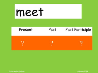 Irvine Valley College Coleman 2014
meet
Present Past Past Participle
meet met met
? ? ?
 