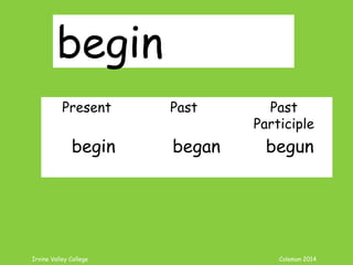 Irvine Valley College Coleman 2014
begin
Present Past Past
Participle
begin began begun
 