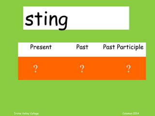 Irvine Valley College Coleman 2014
sting
Present Past Past Participle
sting stung stung
? ? ?
 