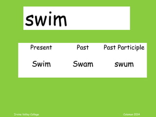Irvine Valley College Coleman 2014
swim
Present Past Past Participle
Swim Swam swum
 