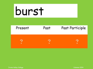 Irvine Valley College Coleman 2014
burst
Present Past Past Participle
burst burst burst
? ? ?
 