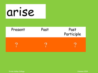 Irvine Valley College Coleman 2014
arise
Present Past Past
Participle
arise arose arisen
? ? ?
 