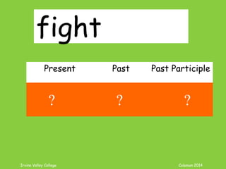 Irvine Valley College Coleman 2014
fight
Present Past Past Participle
fight fought fought
? ? ?
 