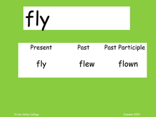 Irvine Valley College Coleman 2014
fly
Present Past Past Participle
fly flew flown
 
