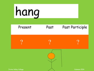 Irvine Valley College Coleman 2014
hang
Present Past Past Participle
hang hanged hanged
? ? ?
 