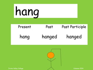 Irvine Valley College Coleman 2014
hang
Present Past Past Participle
hang hanged hanged
 