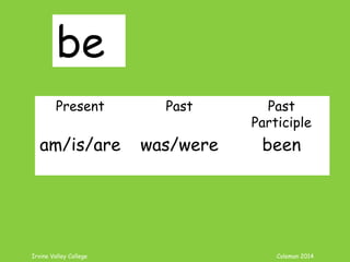 Irvine Valley College Coleman 2014
be
Present Past Past
Participle
am/is/are was/were been
 