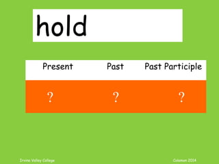 Irvine Valley College Coleman 2014
hold
Present Past Past Participle
hold held held
? ? ?
 