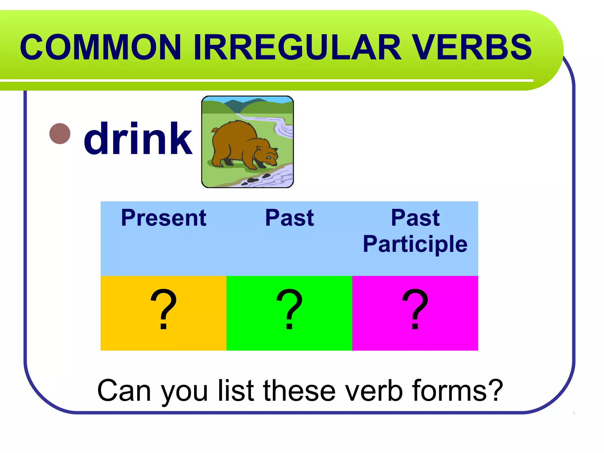 COMMON IRREGULAR VERBS
drink
Can you list these verb forms?
Present Past Past
Participle
? ? ?
 