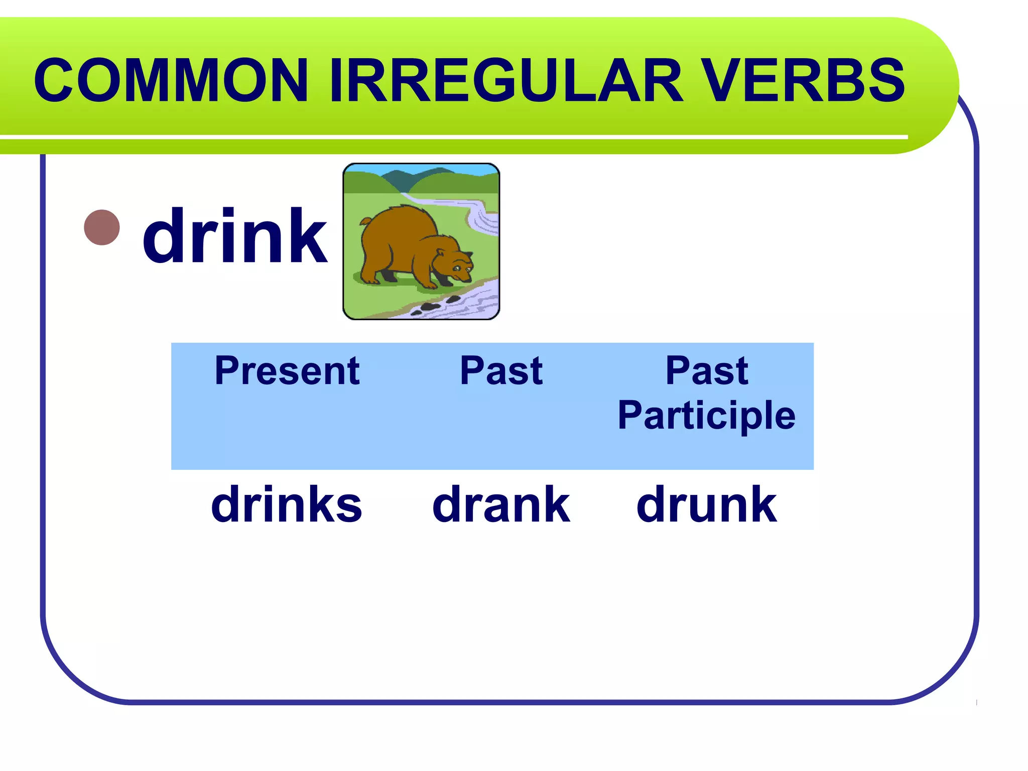 COMMON IRREGULAR VERBS
drink
Present Past Past
Participle
drinks drank drunk
 