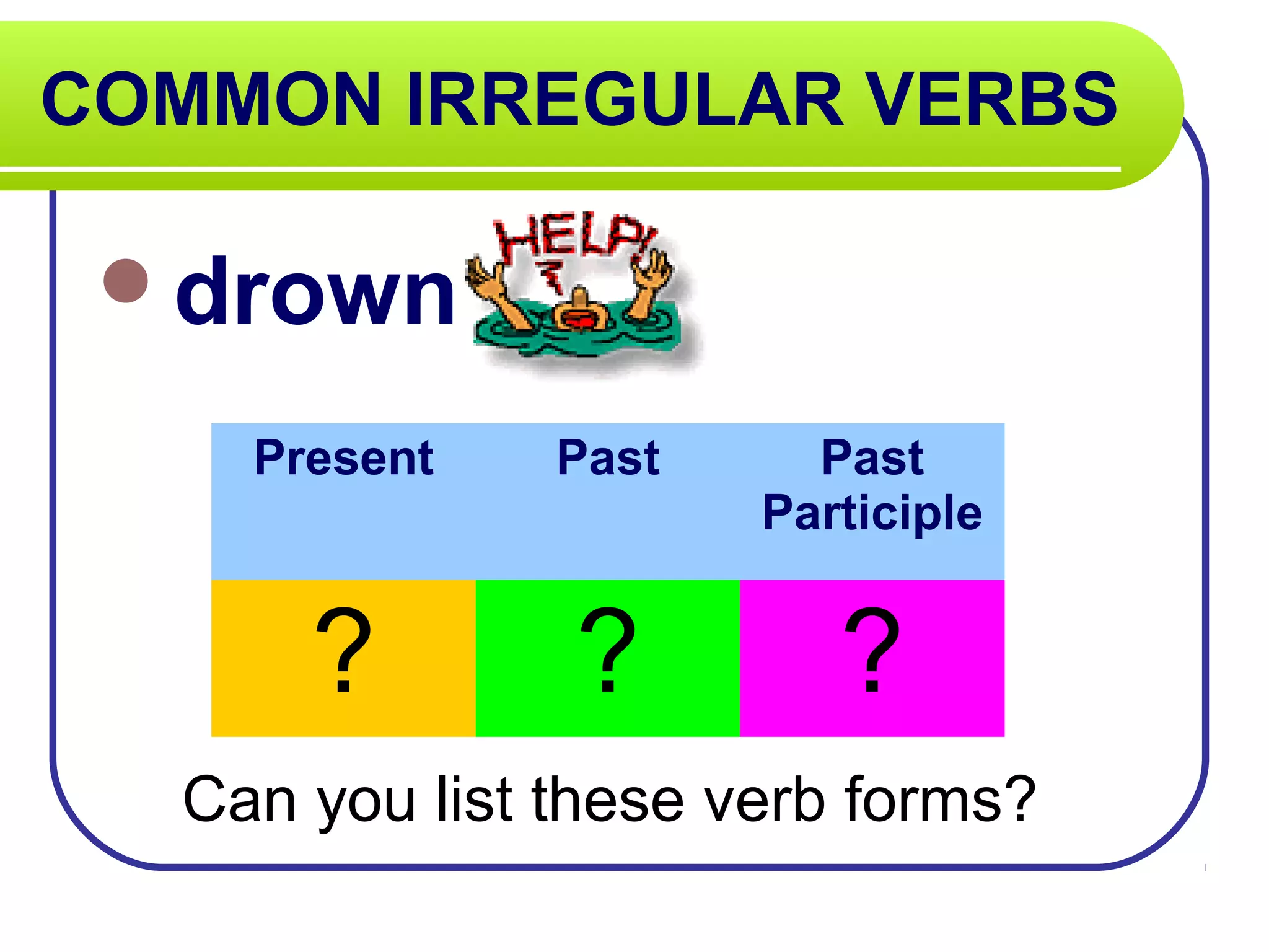 COMMON IRREGULAR VERBS
drown
Can you list these verb forms?
Present Past Past
Participle
? ? ?
 