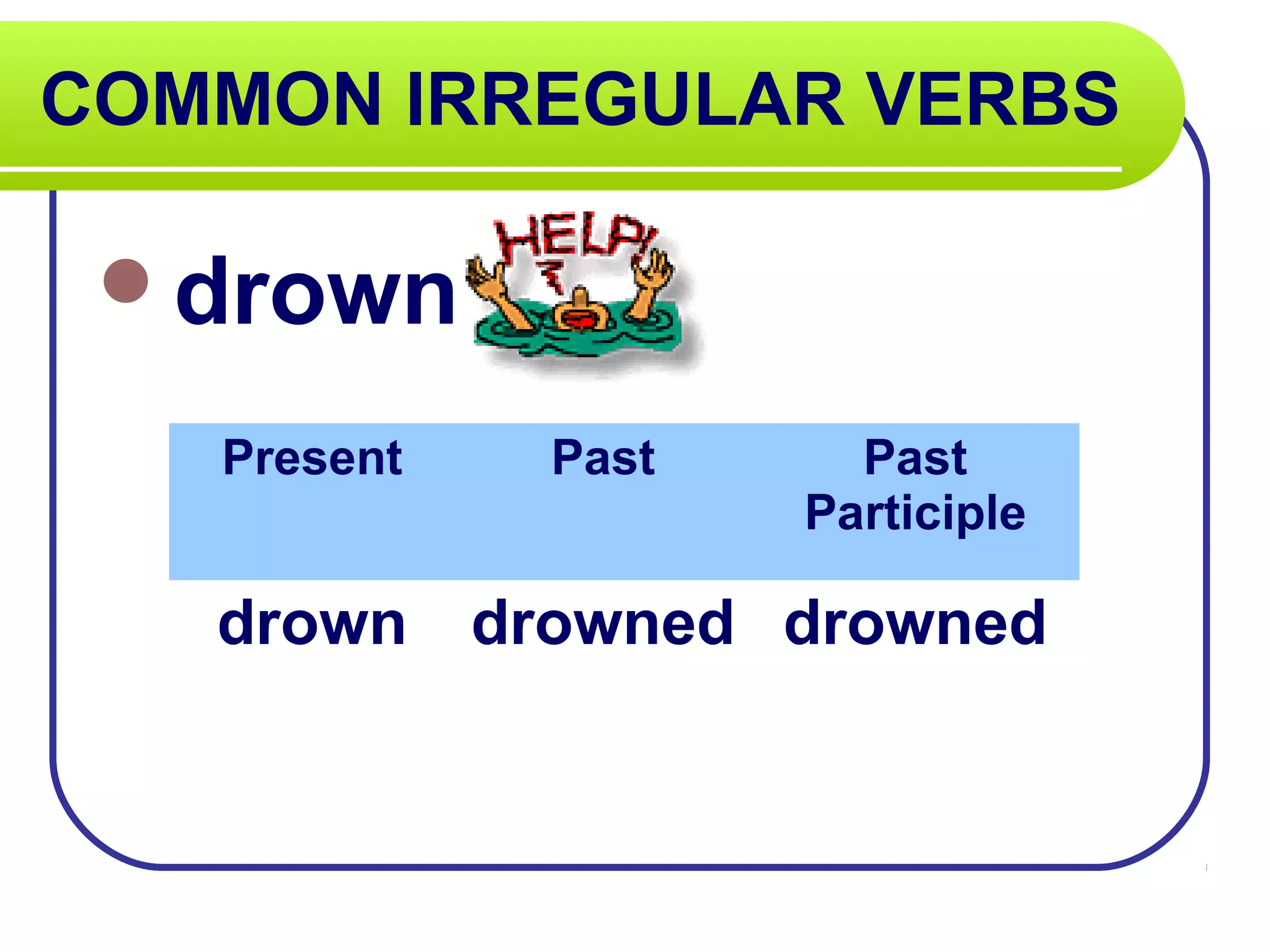 COMMON IRREGULAR VERBS
drown
Present Past Past
Participle
drown drowned drowned
 