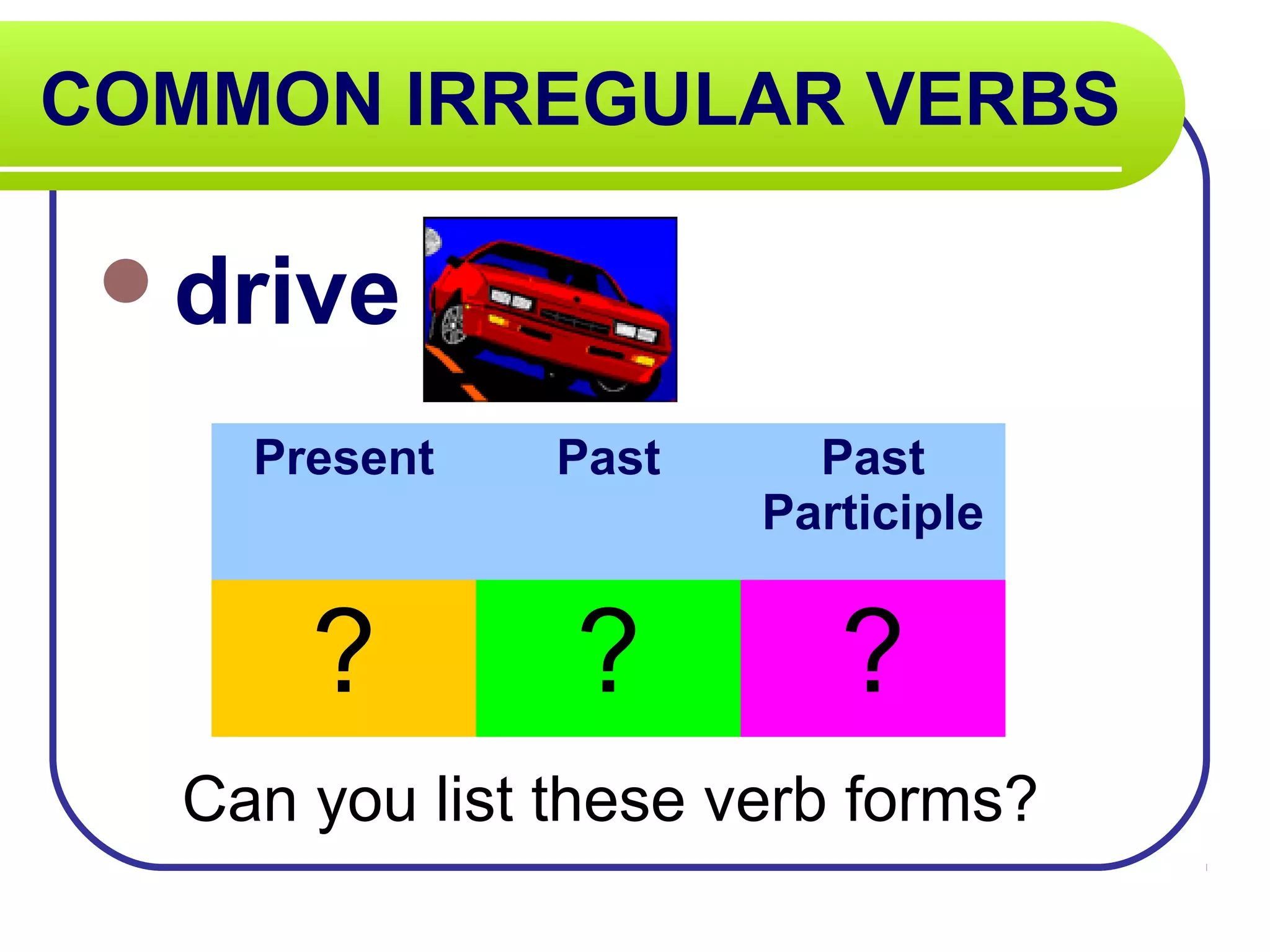 COMMON IRREGULAR VERBS
drive
Can you list these verb forms?
Present Past Past
Participle
? ? ?
 