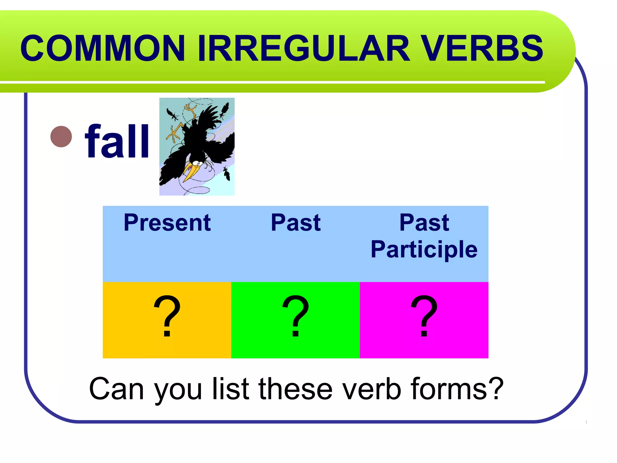 COMMON IRREGULAR VERBS
fall
Can you list these verb forms?
Present Past Past
Participle
? ? ?
 