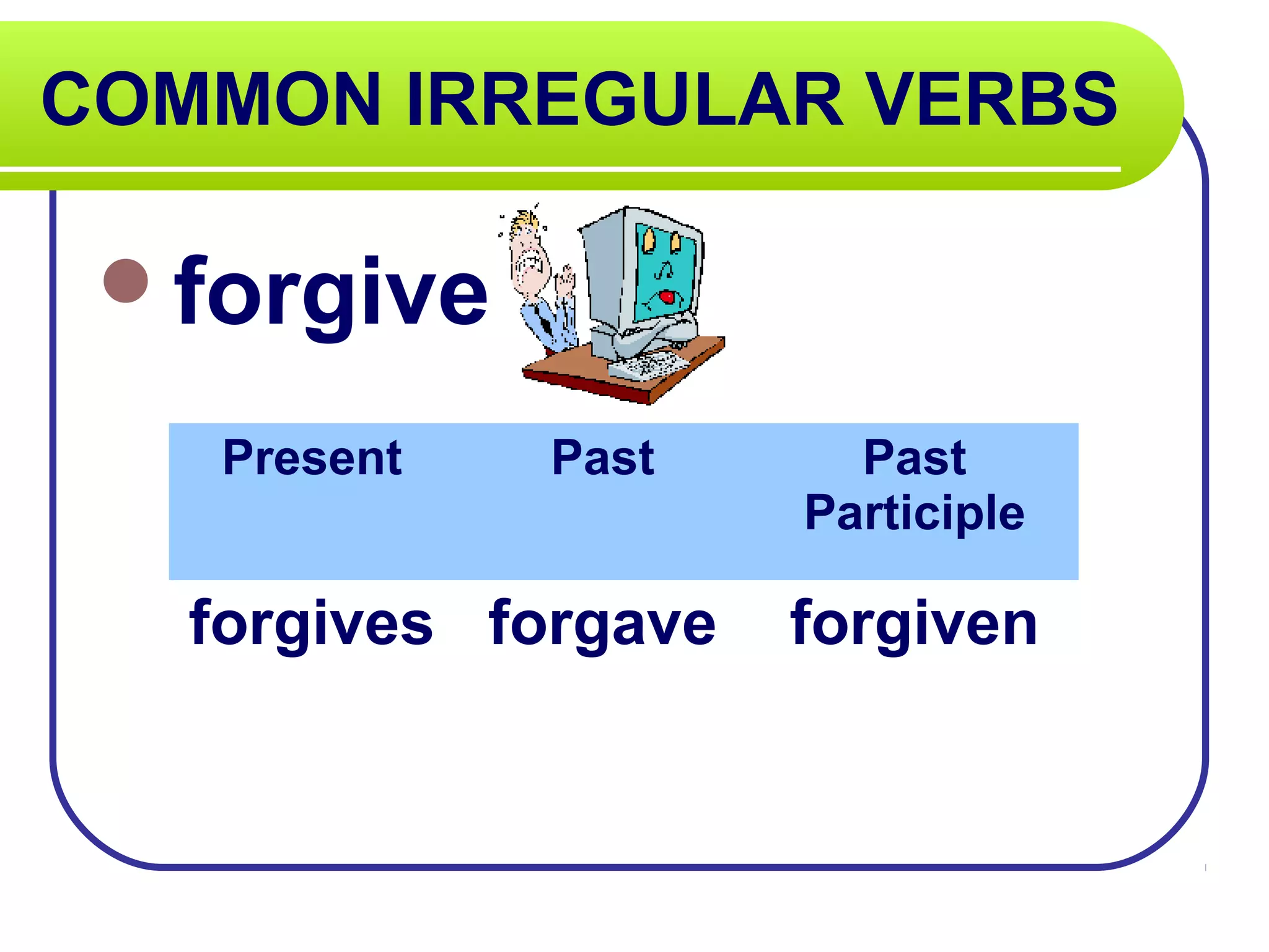 COMMON IRREGULAR VERBS
forgive
Present Past Past
Participle
forgives forgave forgiven
 