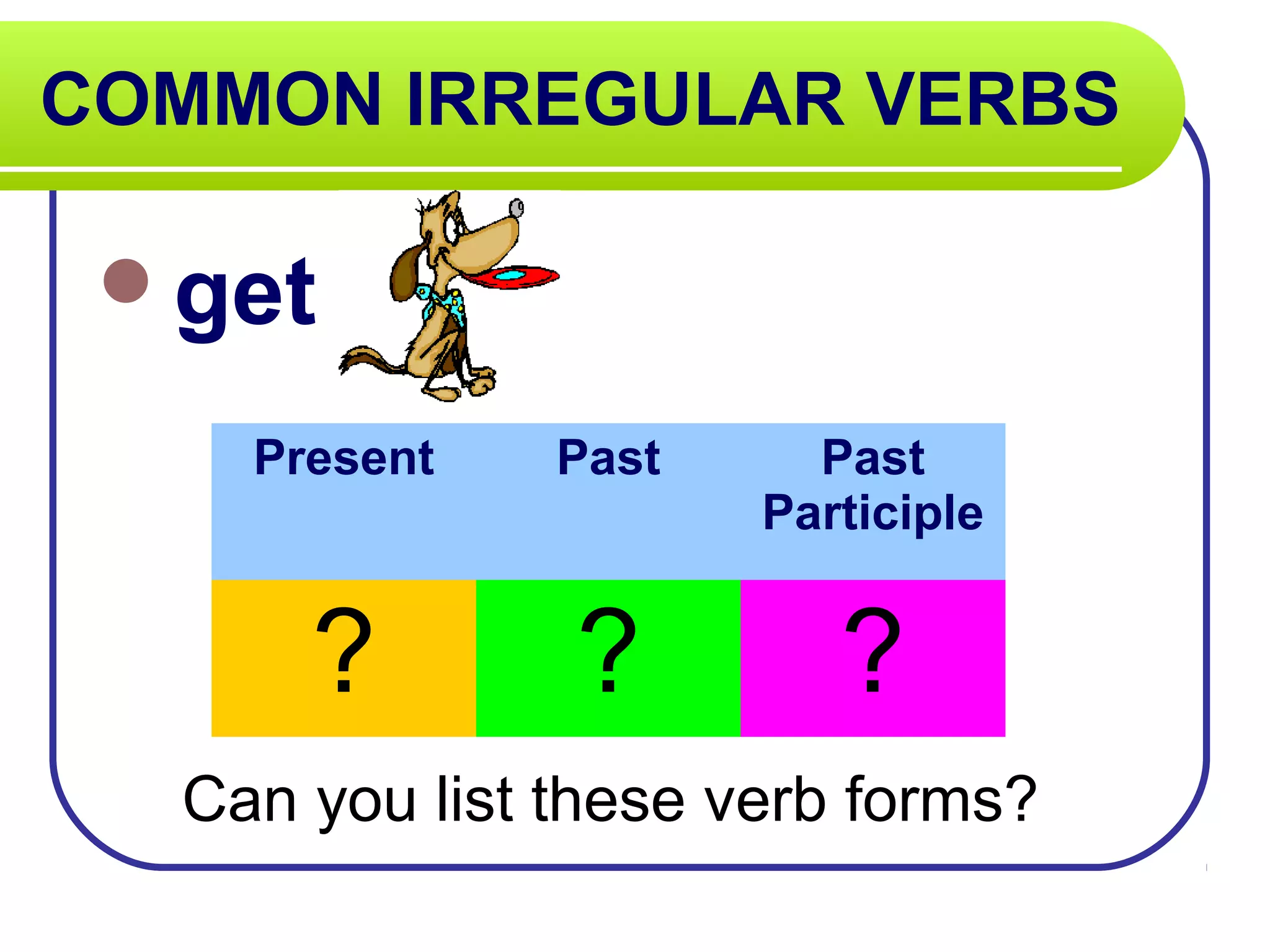 COMMON IRREGULAR VERBS
get
Can you list these verb forms?
Present Past Past
Participle
? ? ?
 
