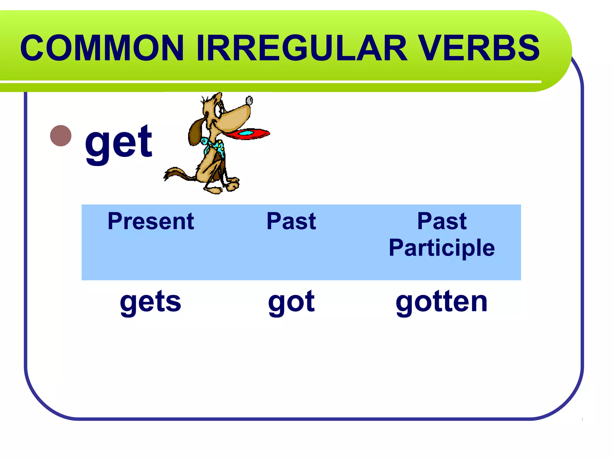 COMMON IRREGULAR VERBS
get
Present Past Past
Participle
gets got gotten
 