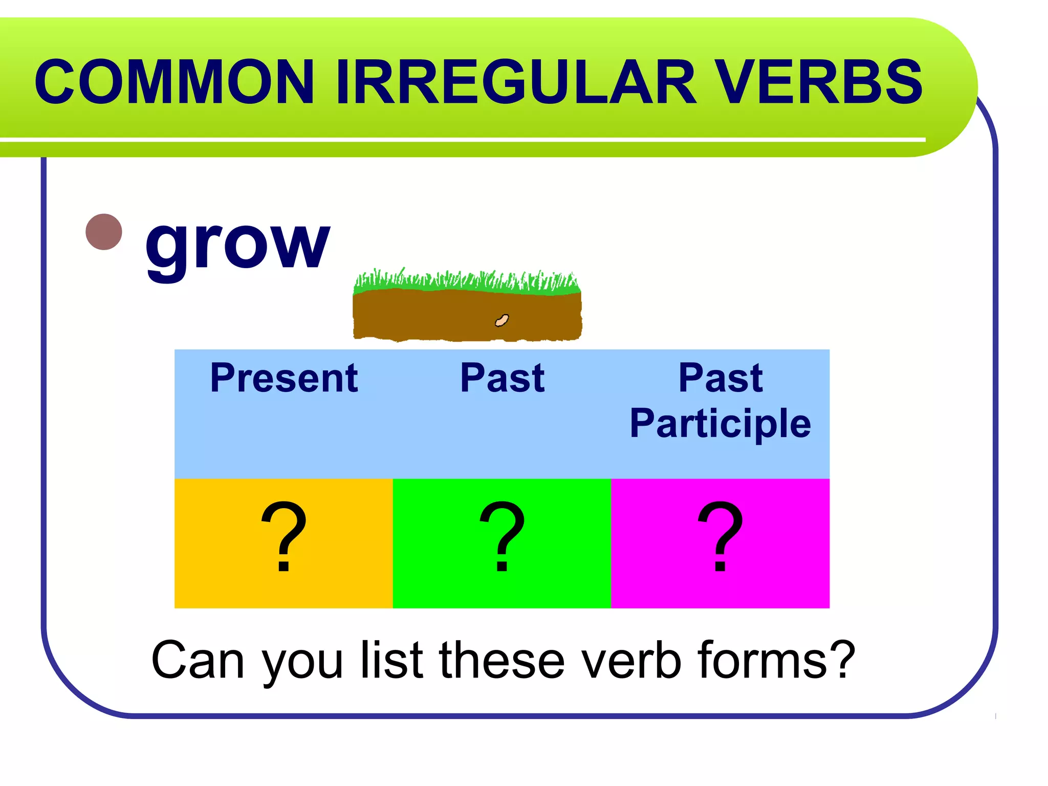 COMMON IRREGULAR VERBS
grow
Can you list these verb forms?
Present Past Past
Participle
? ? ?
 