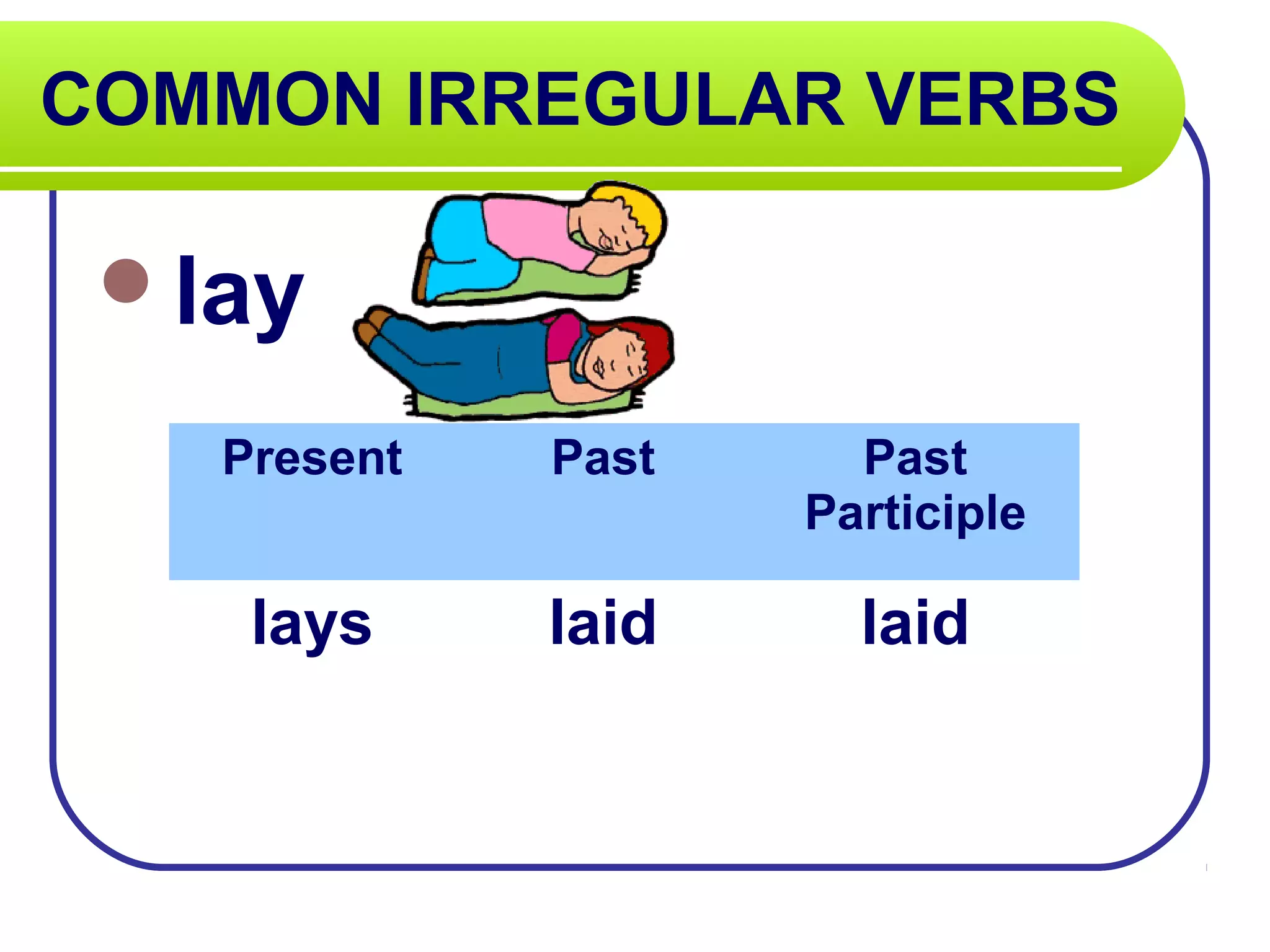 COMMON IRREGULAR VERBS
lay
Present Past Past
Participle
lays laid laid
 