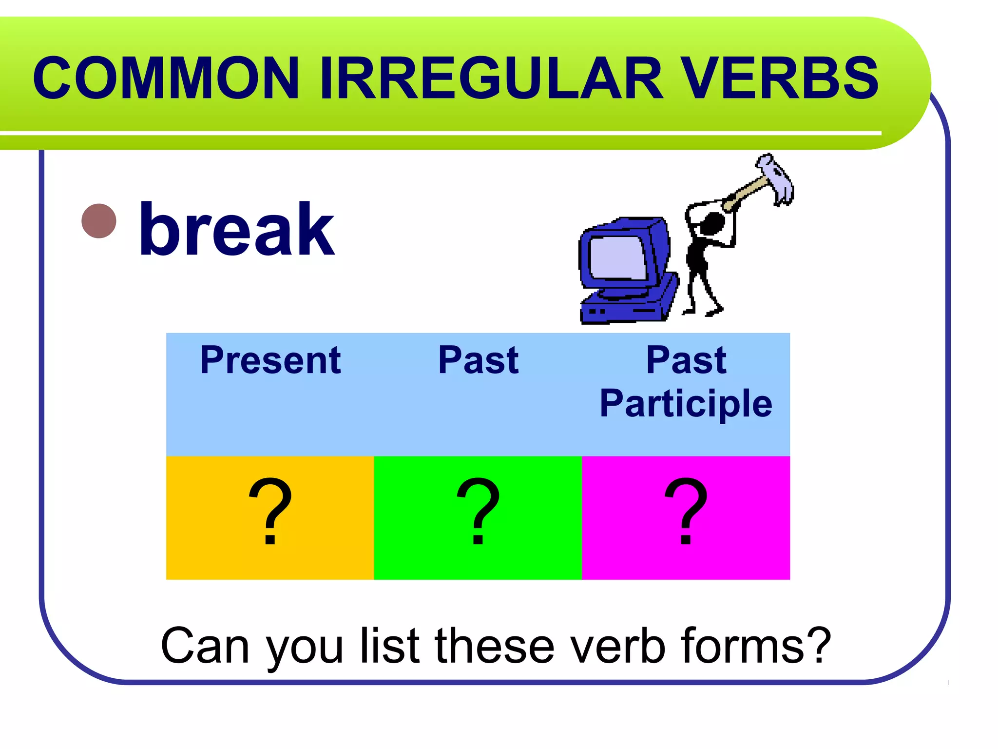 COMMON IRREGULAR VERBS
break
Can you list these verb forms?
Present Past Past
Participle
? ? ?
 
