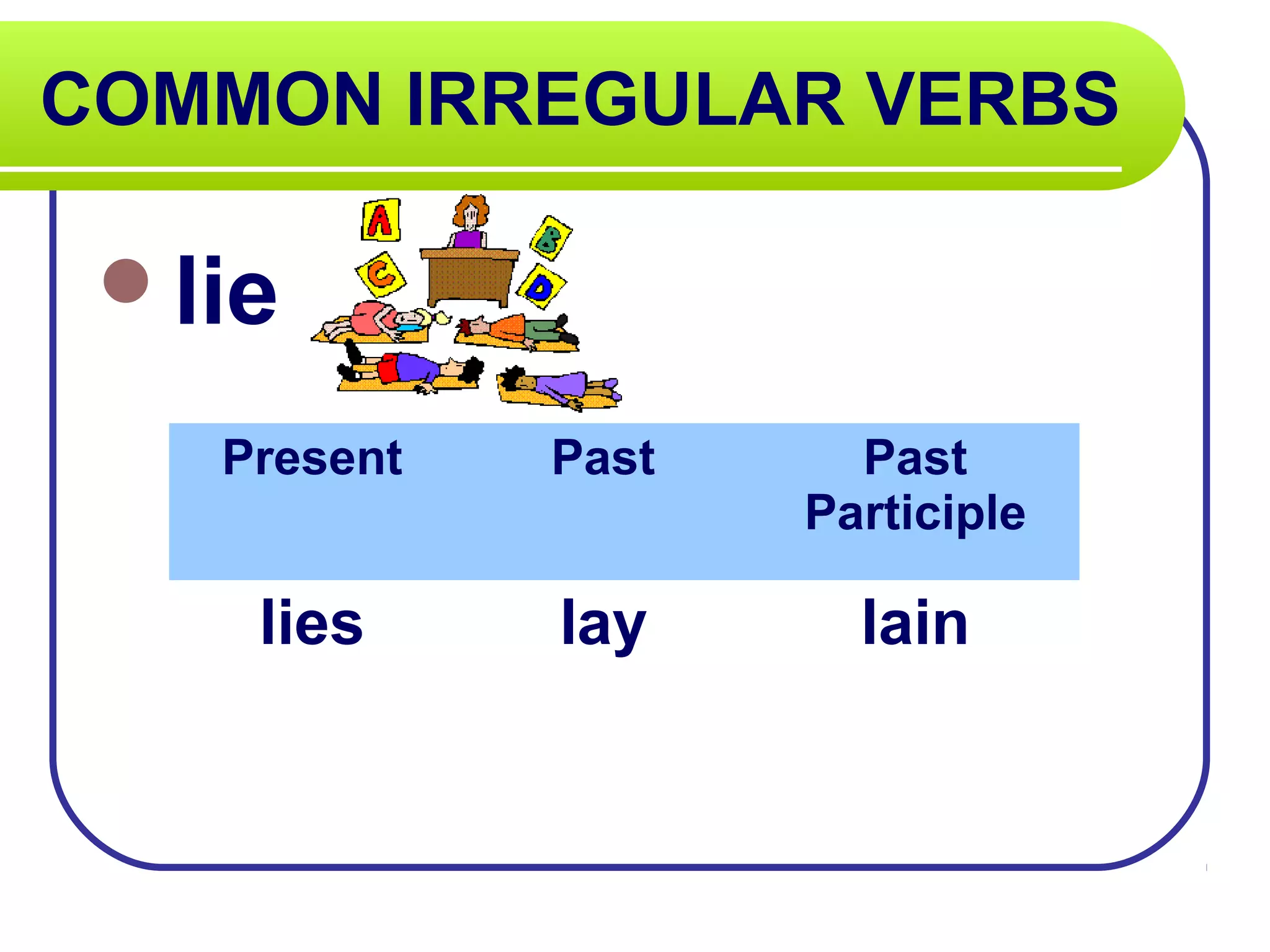 COMMON IRREGULAR VERBS
lie
Present Past Past
Participle
lies lay lain
 