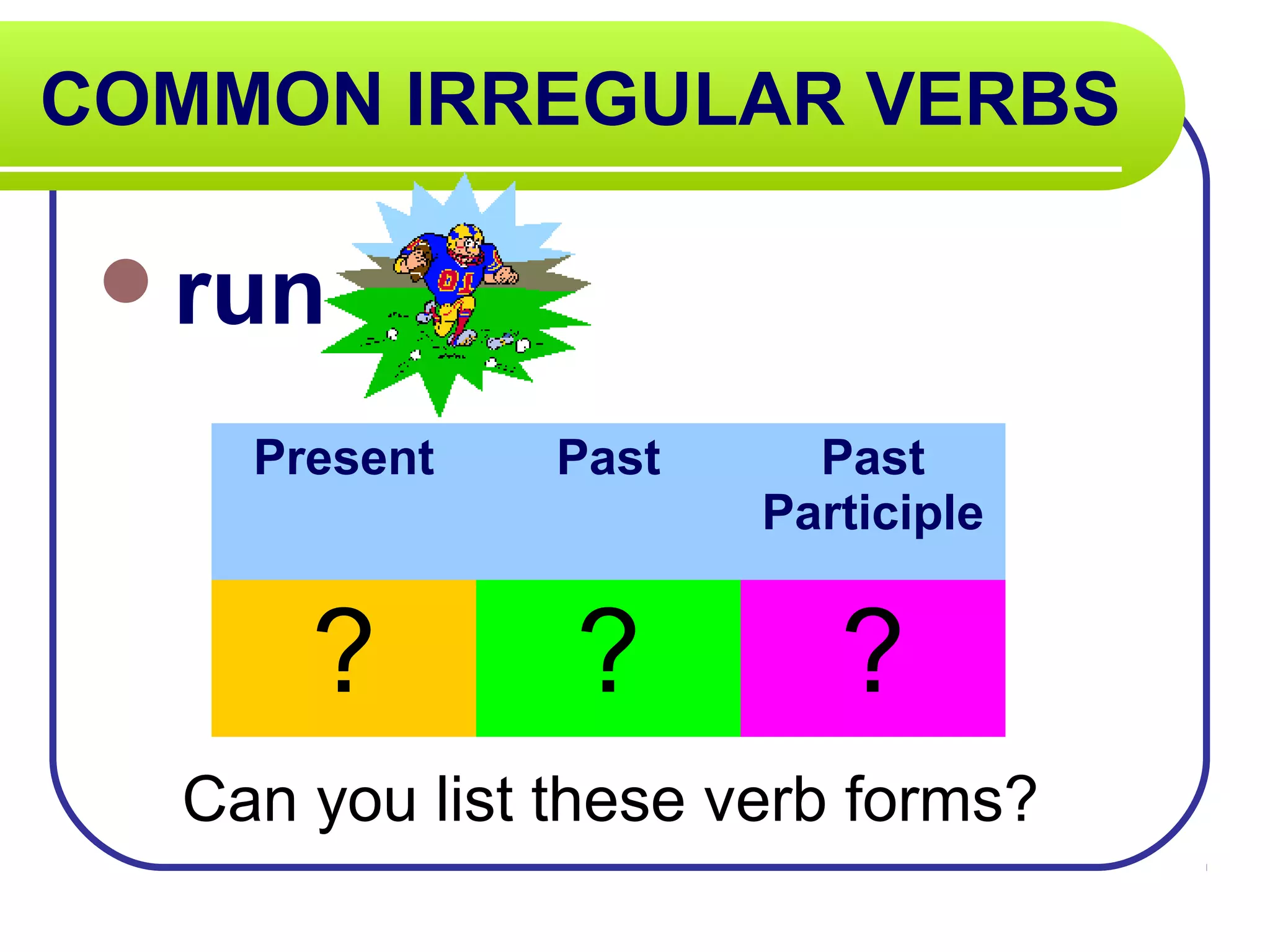 COMMON IRREGULAR VERBS
run
Can you list these verb forms?
Present Past Past
Participle
? ? ?
 