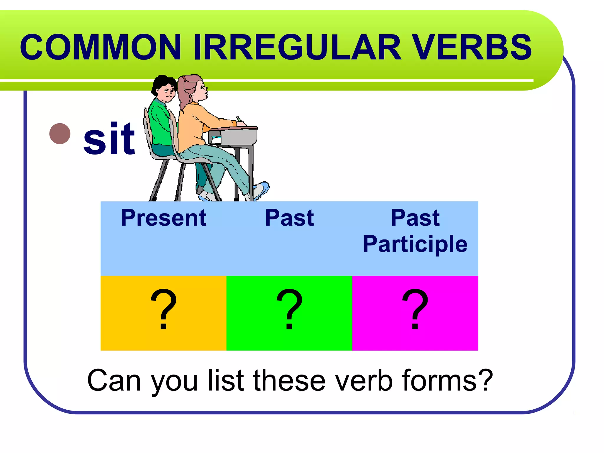 COMMON IRREGULAR VERBS
sit
Can you list these verb forms?
Present Past Past
Participle
? ? ?
 