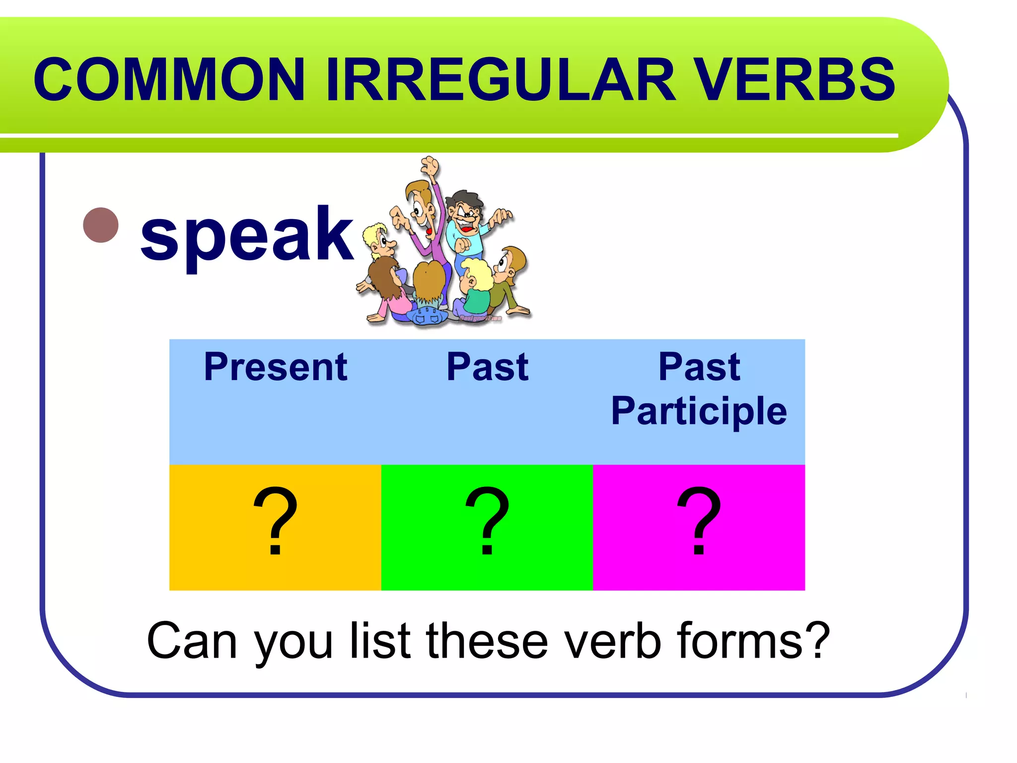 COMMON IRREGULAR VERBS
speak
Can you list these verb forms?
Present Past Past
Participle
? ? ?
 
