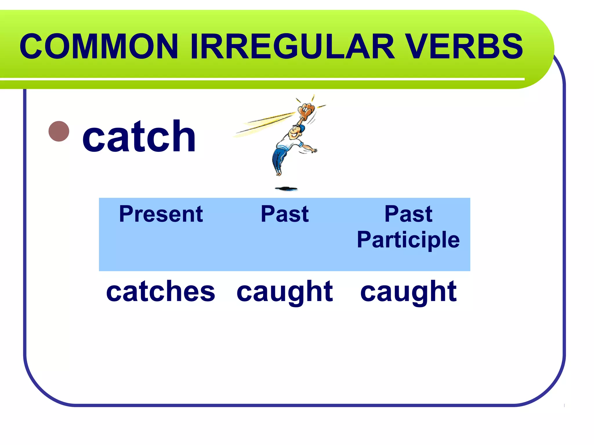 COMMON IRREGULAR VERBS
catch
Present Past Past
Participle
catches caught caught
 
