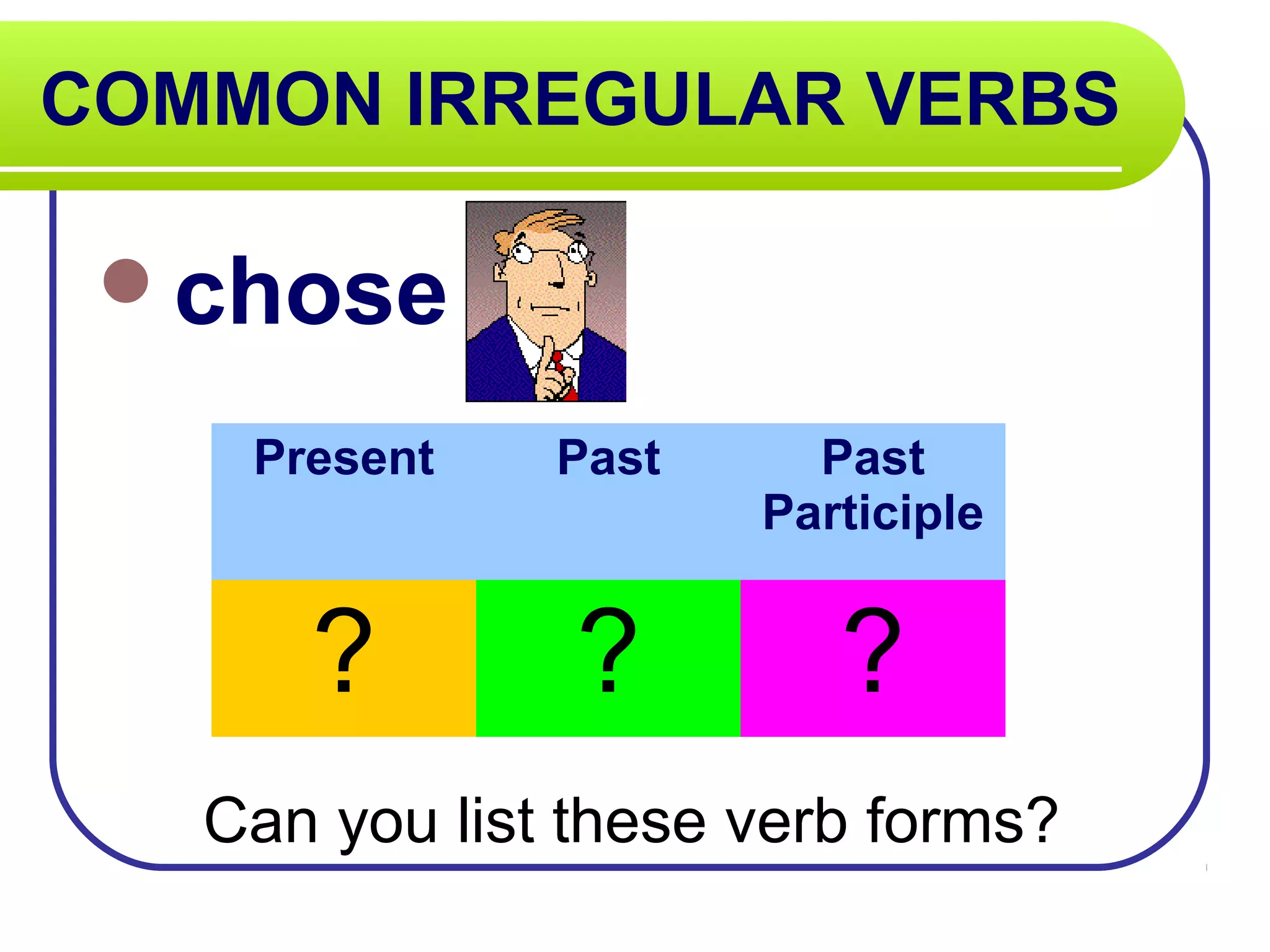 COMMON IRREGULAR VERBS
chose
Can you list these verb forms?
Present Past Past
Participle
? ? ?
 