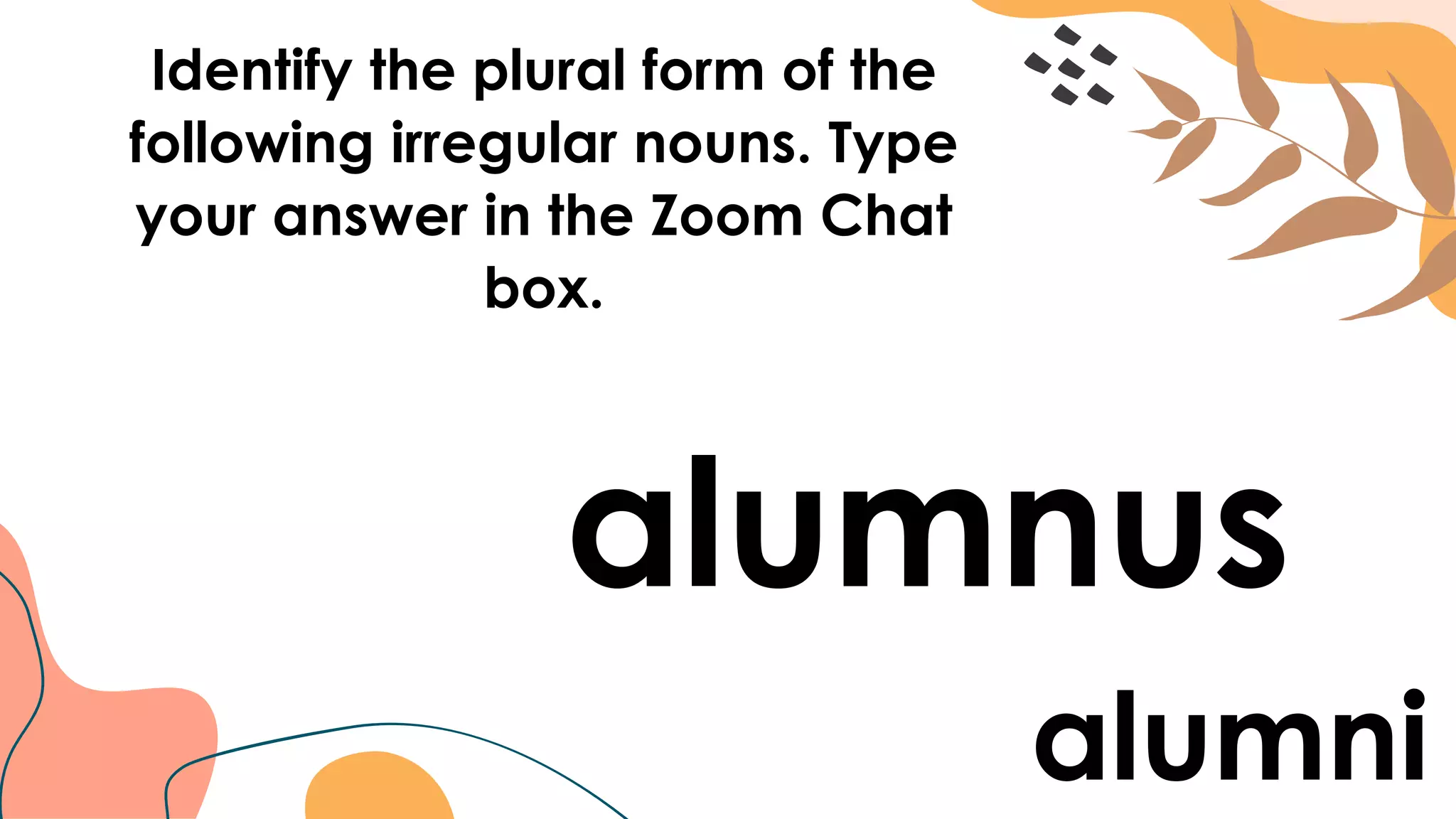 Identify the plural form of the
following irregular nouns. Type
your answer in the Zoom Chat
box.
alumnus
alumni
 